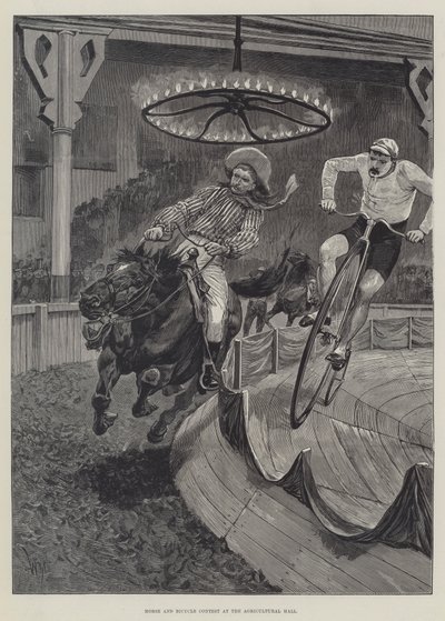 Paard en Fiets Wedstrijd in de Landbouwhal door Richard Caton Woodville junior