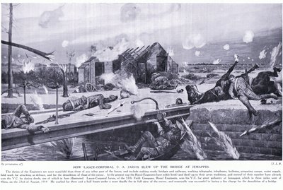 Hoe Lance Corporal C A Jarvis een brug opblies bij Jemappes in de buurt van Mons en het VC won, augustus 1914 door Richard Caton Woodville junior