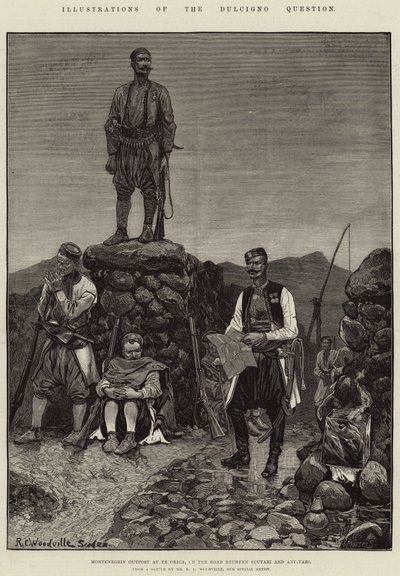 Illustraties van de Dulcigno Kwestie, Montenegrijnse Voorpost bij Pecorica, op de Weg tussen Scutari en Antivari door Richard Caton Woodville junior