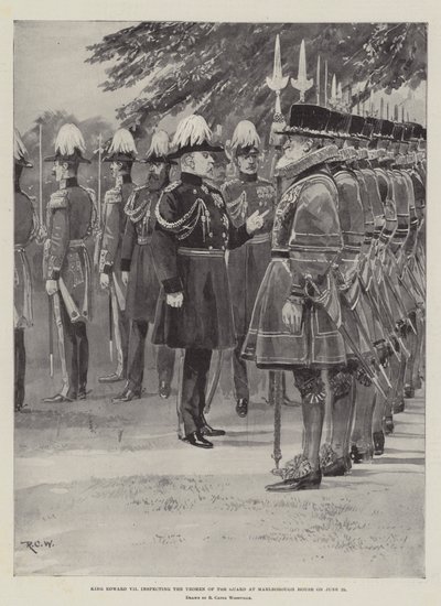 Koning Edward VII inspecteert de Yeomen of the Guard in Marlborough House op 25 juni door Richard Caton Woodville junior