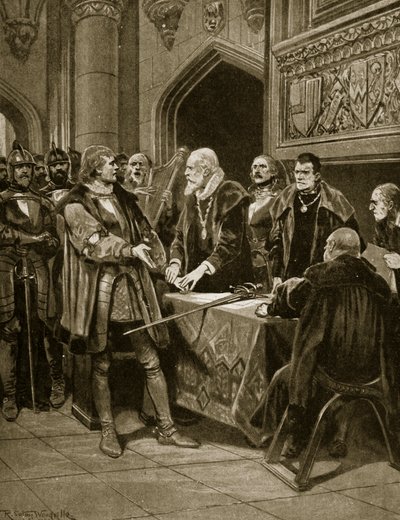 Lord Thomas Fitzgerald gooit zijn zwaard neer, illustratie uit 