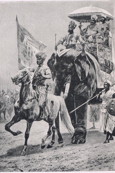 Suraj-ud-Daula bij Plessey, 23 juni 1757, illustratie uit British Battles on Land and Sea, 1915 door Richard Caton Woodville junior