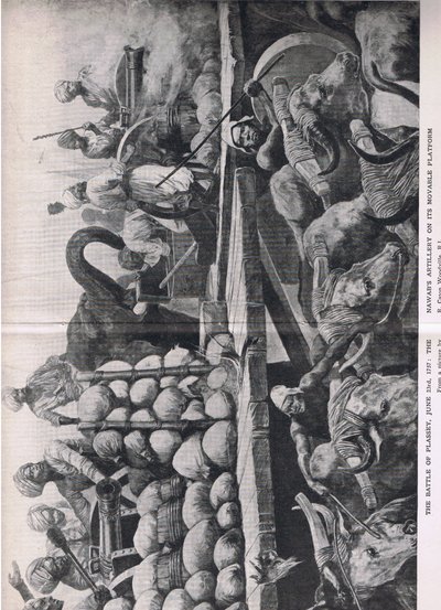 De Slag bij Plessey 23 juni 1757: De artillerie van de Nawab op zijn verplaatsbare platform, illustratie uit British Battles on Land and Sea, 1915 door Richard Caton Woodville junior