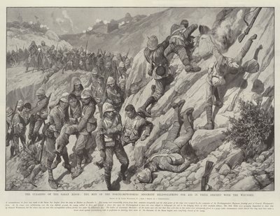 Het opruimen van de Saran Ridge, de mannen van het Northamptonshire Regiment heliograferen om hulp bij hun afdaling met de gewonden door Richard Caton Woodville junior