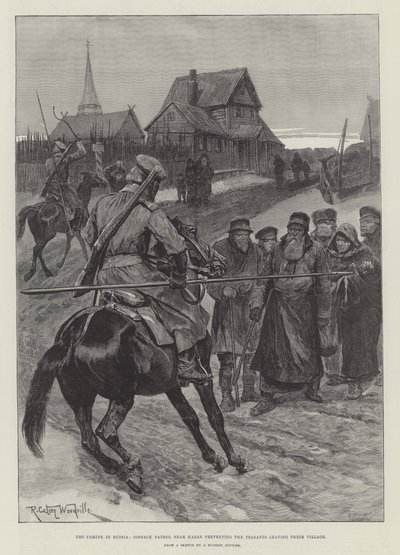 De Hongersnood in Rusland, Kozakkenpatrouille bij Kazan voorkomt dat de Boeren hun Dorp Verlaten door Richard Caton Woodville junior