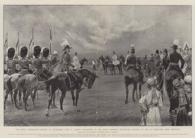 De Grote Kroningsparade in Aldershot, 16 juni, Koningin Alexandra, in afwezigheid van de Koning, presenteert Kleuren aan de 2e Highland Light Infantry door Richard Caton Woodville junior