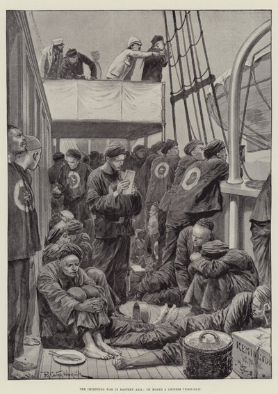De Dreigende Oorlog in Oost-Azië, aan boord van een Chinees troepenschip door Richard Caton Woodville junior