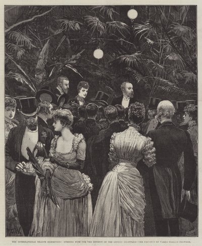 De Internationale Gezondheids Tentoonstelling, avondfeest ten behoeve van de Londense ziekenhuizen, de Prinses van Wales verkoopt bloemen door Richard Caton Woodville junior
