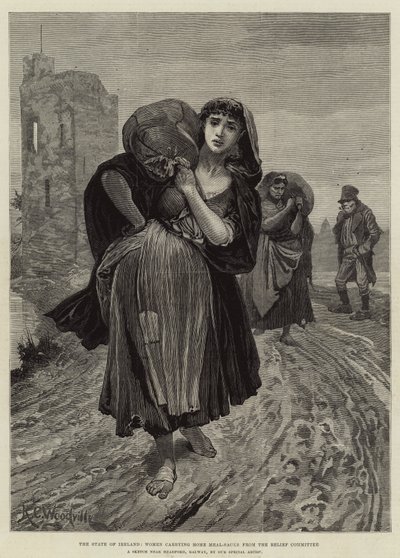 De staat van Ierland, vrouwen die maaltijdzakken naar huis dragen van het hulpcomité door Richard Caton Woodville junior
