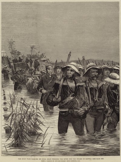 De Zoeloe Oorlog, Matrozen van HMS Shah steken de rivier over voor de Hulp van Ekowe door Richard Caton Woodville junior