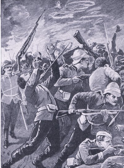 De verdediging van Rorkes Drift, illustratie uit British Battles on Land and Sea, 1915 door Richard Caton Woodville junior