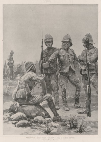 Gij draagt een Leeuwenhuid! doe het uit! Een Boer in Brits Uniform door Richard Caton Woodville junior