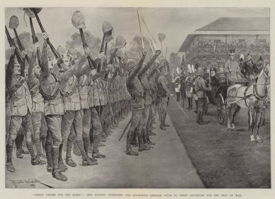 Drie hoeraatjes voor de koningin!, Hare Majesteit inspecteert de Household Brigade voor hun vertrek naar het oorlogsgebied door Richard Caton Woodville junior
