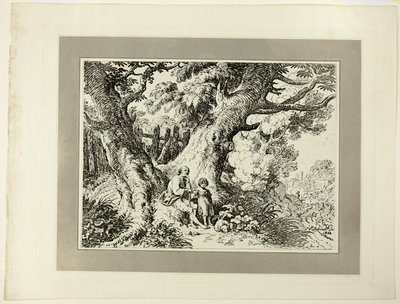 Oude Bomen met Oude Man, een Meisje en een Hond, uit de eerste uitgave van Specimens of Polyautography door Richard Corbould