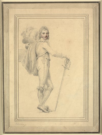 Volledig portret van een heer met een zwaard in de ene hand en een gevederde hoed in de andere door Richard Cosway