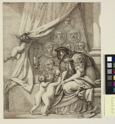 De genius van schilderkunst. Minerva onderwijst putti in de kunst van het schilderen. Ontwerp voor Pierre Condé