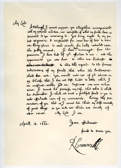 Brief van Richard Cromwell, Lord Protector, aan generaal George Monck, 18 april 1660 door Richard Cromwell