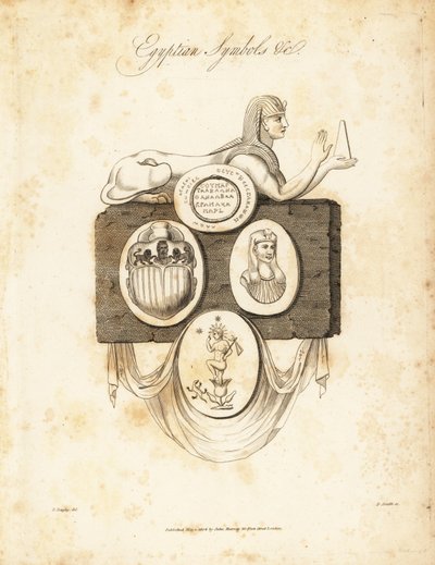 Egyptische sfinx, scarabee, Horus, enz., 1823 (gravure) door Richard Dagley