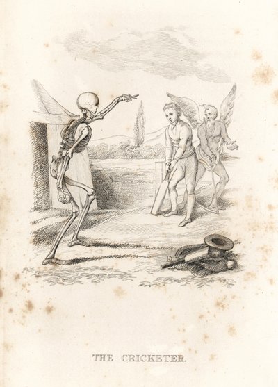 Het skelet van de Dood gooit een bal naar een cricketspeler door Richard Dagley