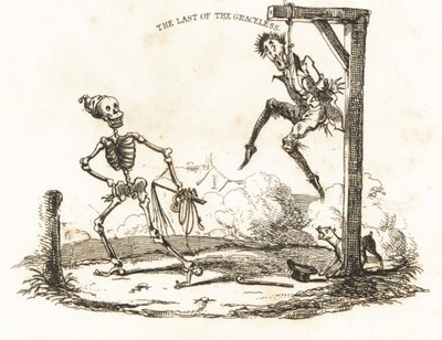 Vignet van een skelet en een man hangend aan een galg, 1827 door Richard Dagley