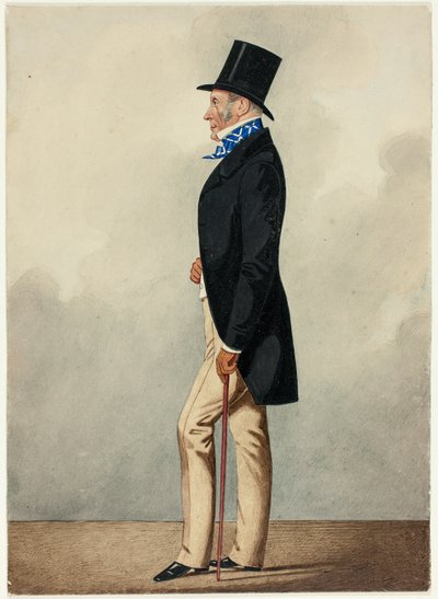 Portret van Man in Zwarte Jas en Blauwe en Witte Das door Richard Dighton