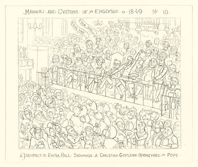 Een vooruitzicht van Exeter Hall toont een christelijke heer die de paus veroordeelt door Richard Doyle