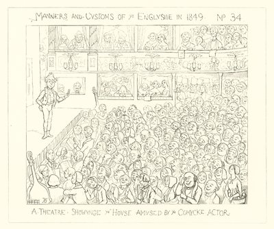 Een theater dat het huis toont dat vermaakt wordt door de komische acteur door Richard Doyle