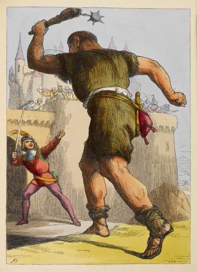 Jack klaar om te vechten tegen een reus buiten een kasteel. Kleurillustratie in een kinderboek. door Richard Doyle