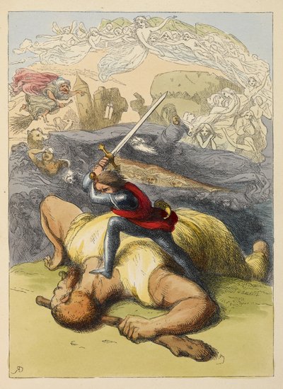 Jack die op het lichaam van een reus staat, met zijn zwaard omhoog. Kleurillustratie in een kinderboek. door Richard Doyle