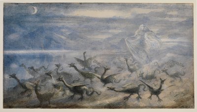 Landschap bij maanlicht, met een heks en jonge draken, 1876 door Richard Doyle