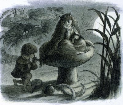 Een waterfee zittend op een paddenstoel wordt het hof gemaakt door een minnaar. In "Monde des fees" door Richard Doyle door Richard Doyle