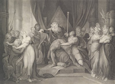 Koning Lear die zijn dochter Cordelia verstoot, Shakespeare, eerst gepubliceerd 1792, heruitgegeven 1852 door Richard Earlom