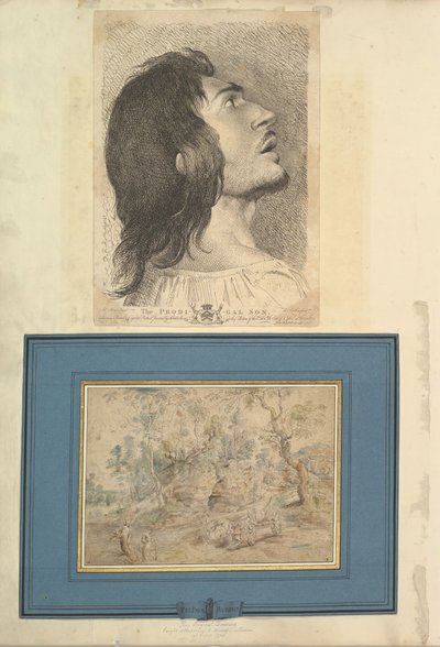 Blad uit Aedes Walpolianae gemonteerd met een prent en een tekening: Hoofd in profiel..., 1620-1766 door Richard Earlom