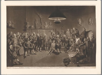 Leden van de Royal Academy in interieur met mannelijk naaktmodel, 1768 door Richard Earlom