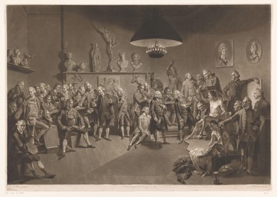 Leden van de Royal Academy in interieur met mannelijk naaktmodel, 1768 door Richard Earlom