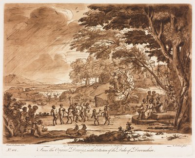 Liber Veritatis: Nr. 108, Landschap met saters en nimfen die dansen door Richard Earlom