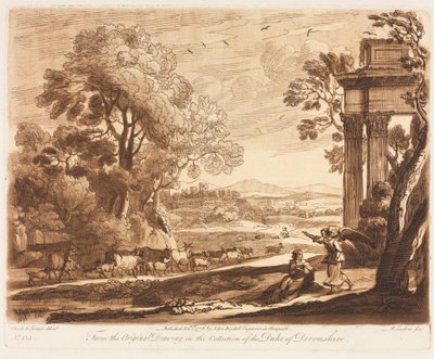 Liber Veritatis: Nr. 133, Een landschap, met vee, en de engel die Hagar troost door Richard Earlom