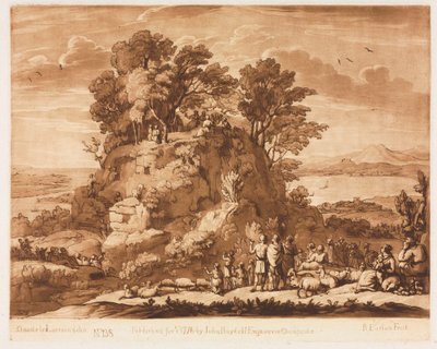 Liber Veritatis: Nr. 138, Een Uitzicht op de Zee met Christus die op de Berg Predikt (het water beneden is waarschijnlijk bedoeld als de Zee van Tiberias) door Richard Earlom