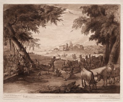 Liber Veritatis: Nr. 36, Pastorale Scène met Dorpsbewoners en een Kudde Ossen en Geiten door Richard Earlom