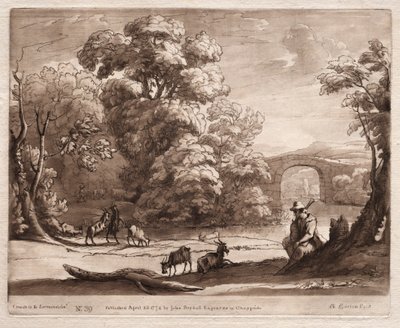 Liber Veritatis: Nr. 39, Een landschap met herder die doedelzak speelt en grazende geiten door Richard Earlom