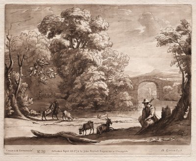 Liber Veritatis: Nr. 39, Een Landschap met Herder die Doedelzak speelt en Geiten die Grazen, 1774 door Richard Earlom