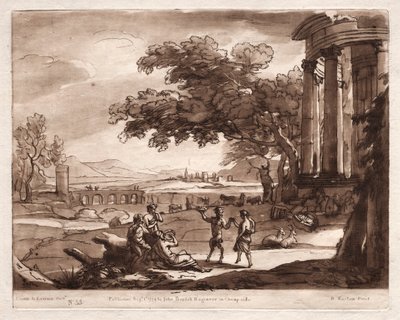 Liber Veritatis: Nr. 55, Een landschap met een tempel en een nimf en satyr die dansen door Richard Earlom