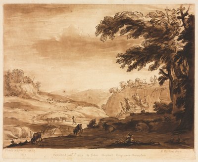 Liber Veritatis: Nr. 7, Een eilandscène van een bergachtig land met vee, 1774 door Richard Earlom