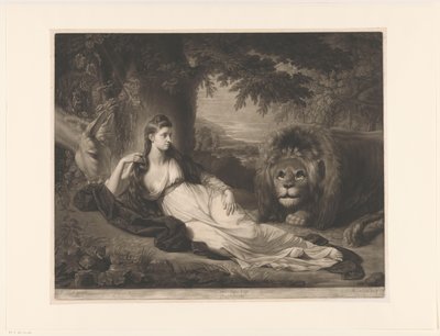 Portret van Mary Lawrence met een leeuw in een landschap door Richard Earlom