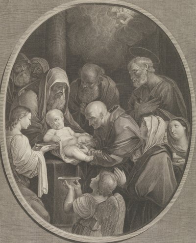 De besnijdenis van Christus, een groep mannen en vrouwen om hem heen, een engel op de voorgrond door Richard Earlom