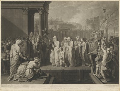Agrippina landt in Brindisi met de as van Germanicus door Richard Earlom after Benjamin West