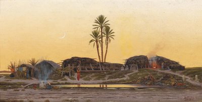 Avondstemming over een dorp, achterzijde getiteld Arabisch dorpje in Tunis door Richard Fuchs