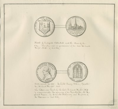 Lichfield - Medailles van Lichfield Kathedraal en het Stadswapen, en een portret van Richard Greene: pentekening door Richard Greene
