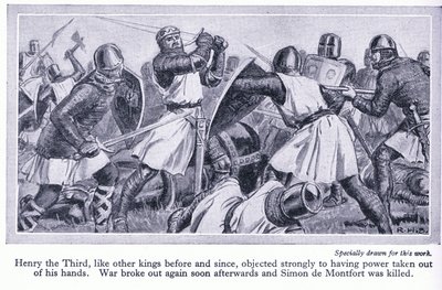 Hendrik III verzette zich sterk tegen het uit handen nemen van zijn macht. Er brak oorlog uit en Simon de Montfort werd gedood, ca. 1950 door Richard Henry Brock