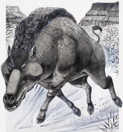 Daeodon (gouache op papier) door Richard Hook